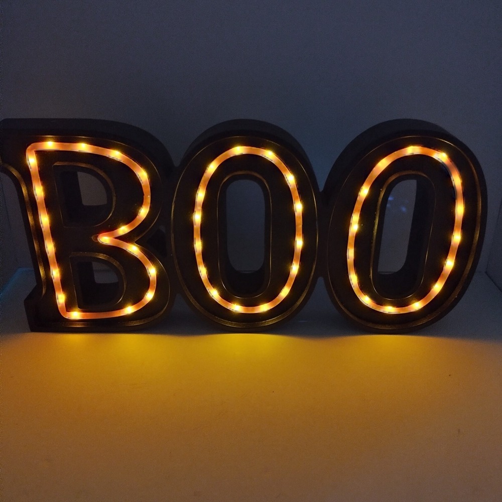 Halloween 15" Lighted  Boo Plaque Sign Mantle Decor Orange & Black‎ Tested Works